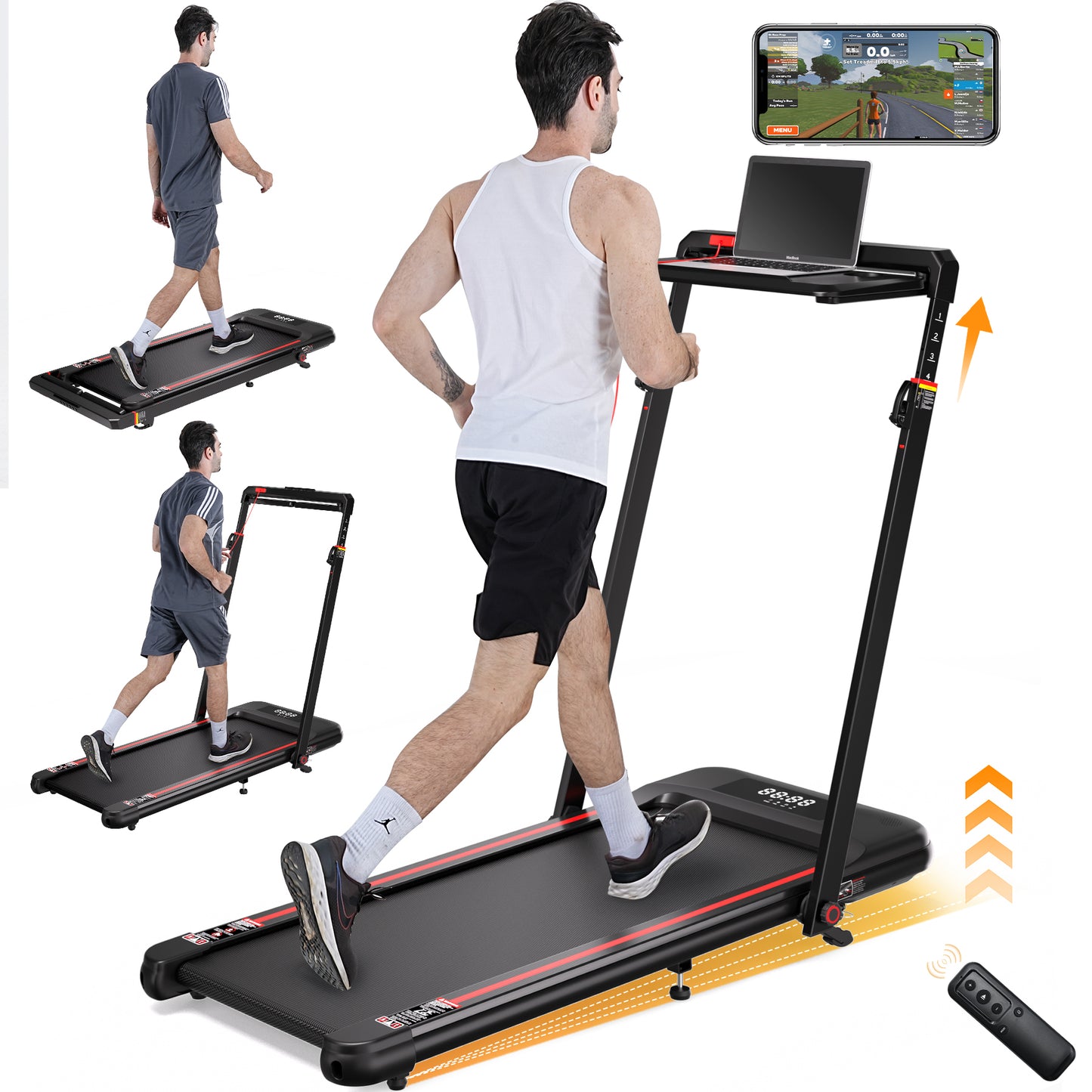HIFast Walking Pad Treadmill, 3.0HP Under Desk Treadmill with Handle Bar and Incline, 300lbs Capacity with Removable Desk Workstation, Foldable Treadmill with Remote Control, APP for Home Office