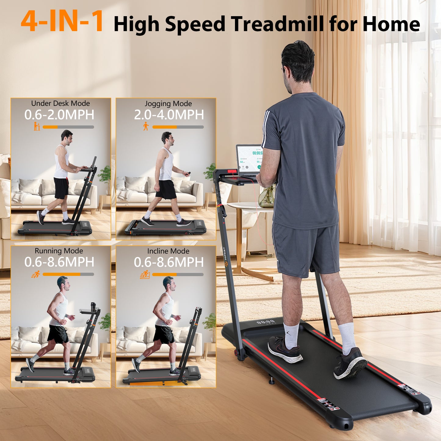 HIFast Walking Pad Treadmill, 3.0HP Under Desk Treadmill with Handle Bar and Incline, 300lbs Capacity with Removable Desk Workstation, Foldable Treadmill with Remote Control, APP for Home Office
