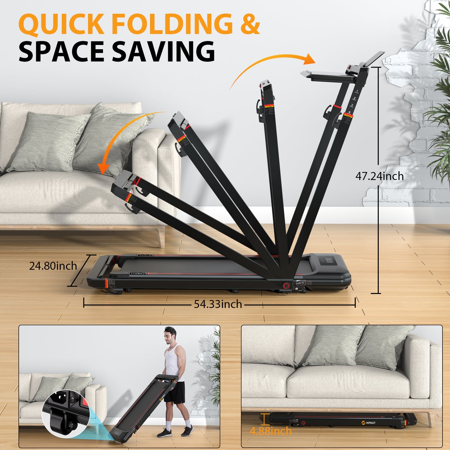 HIFast Walking Pad Treadmill, 3.0HP Under Desk Treadmill with Handle Bar and Incline, 300lbs Capacity with Removable Desk Workstation, Foldable Treadmill with Remote Control, APP for Home Office