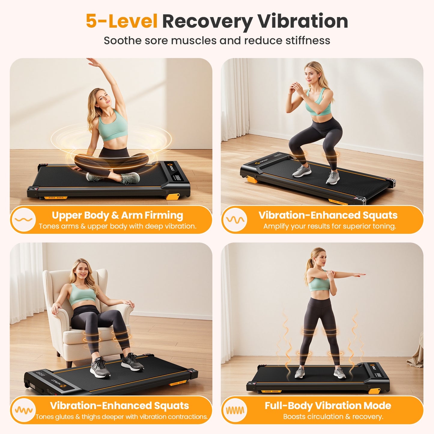 HiFast Walking Pad with Vibration Plate, 10% Incline Under Desk Treadmill 300lbs Capacity, Portable Small Treadmills for Home and Office, Remote Control, LED Display