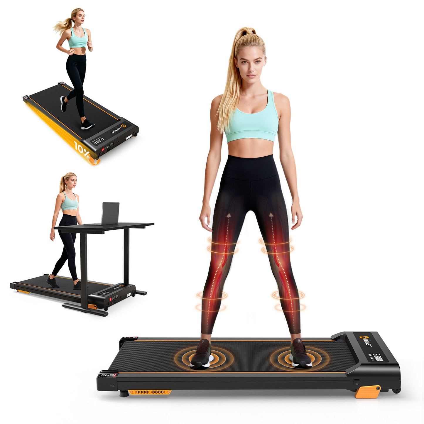 HiFast Walking Pad with Vibration Plate, 10% Incline Under Desk Treadmill 300lbs Capacity, Portable Small Treadmills for Home and Office, Remote Control, LED Display