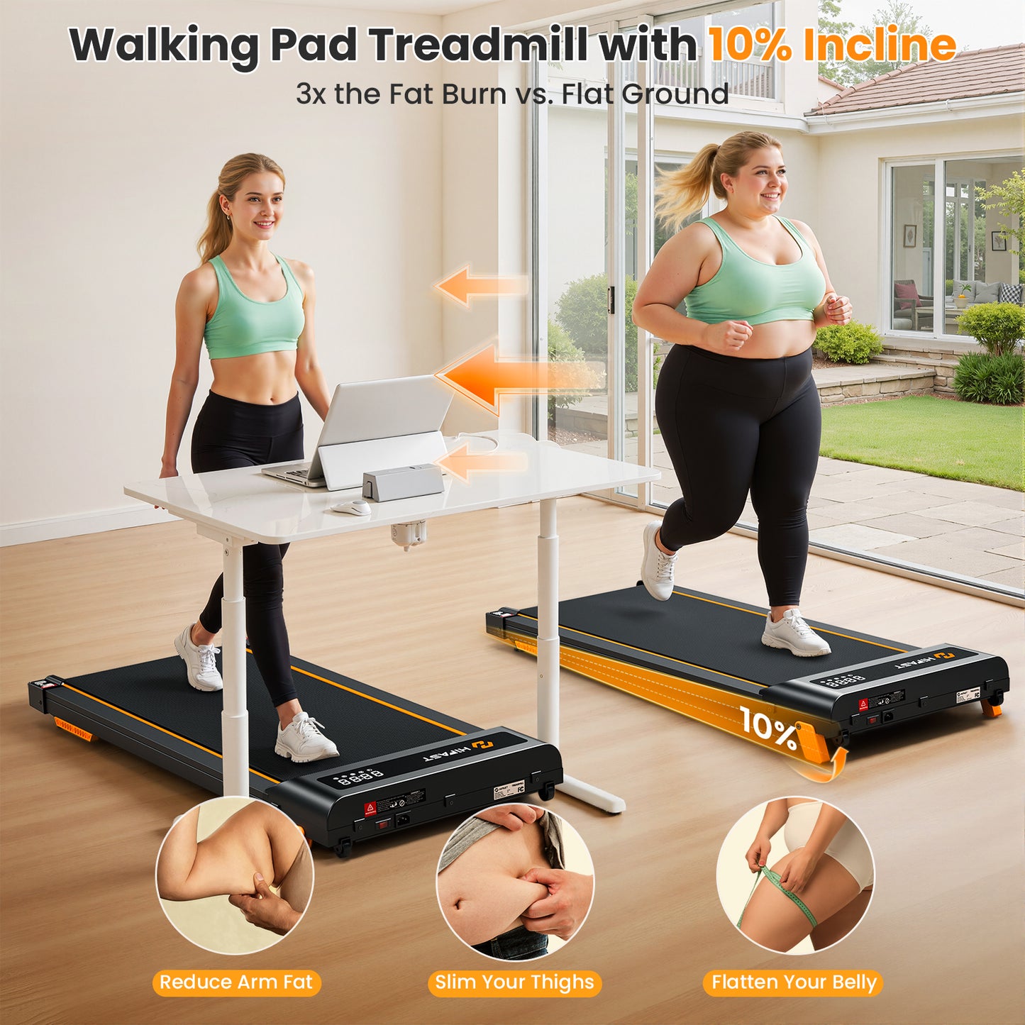 HiFast Walking Pad with Vibration Plate, 10% Incline Under Desk Treadmill 300lbs Capacity, Portable Small Treadmills for Home and Office, Remote Control, LED Display
