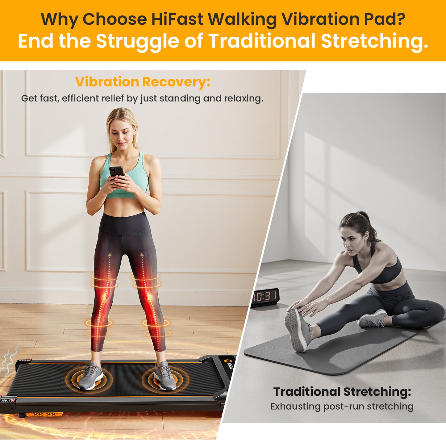 HiFast Walking Pad with Vibration Plate, 10% Incline Under Desk Treadmill 300lbs Capacity, Portable Small Treadmills for Home and Office, Remote Control, LED Display