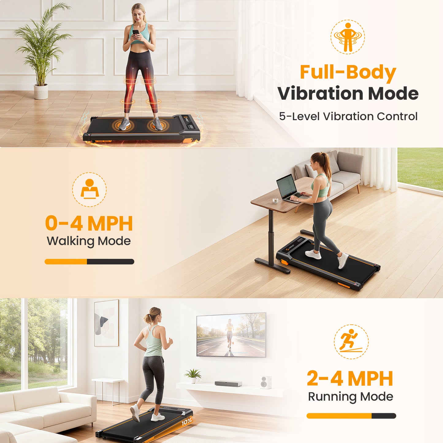 HiFast Walking Pad with Vibration Plate, 10% Incline Under Desk Treadmill 300lbs Capacity, Portable Small Treadmills for Home and Office, Remote Control, LED Display
